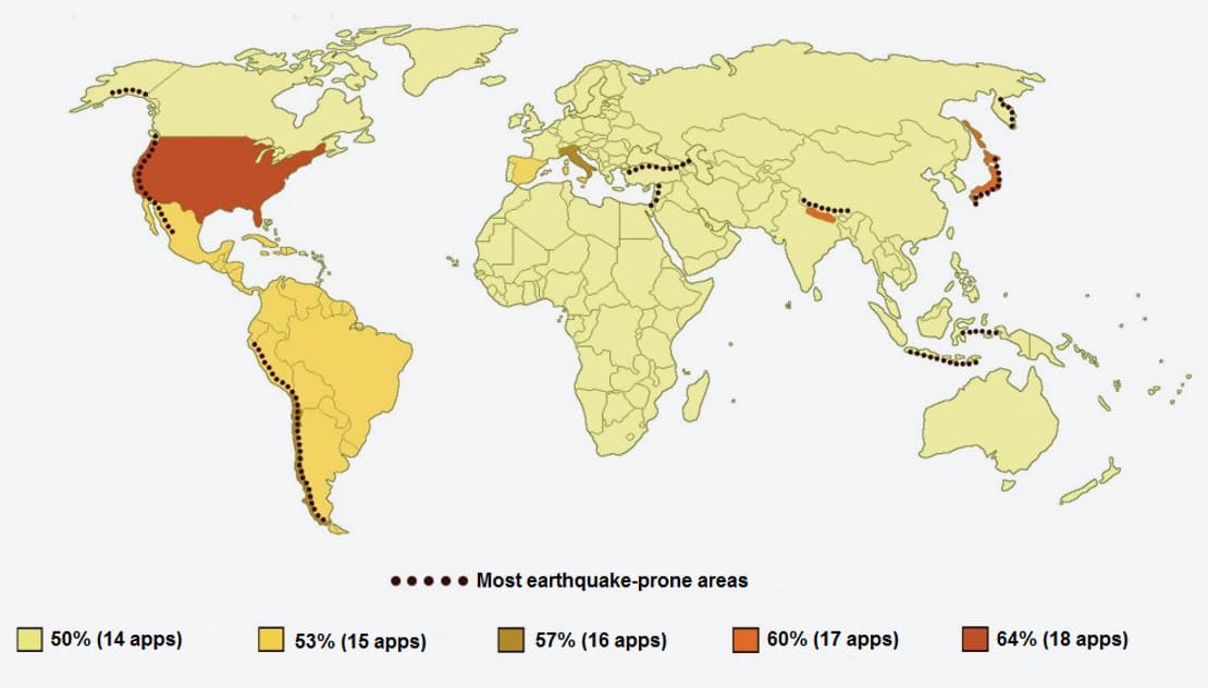 Figure 2. Map of earthquake exposure correlated with the number of available specialised applications for use in dealing with earthquakes. Source: By the author using data from the Internal Displacement Monitoring Center (IDMC).